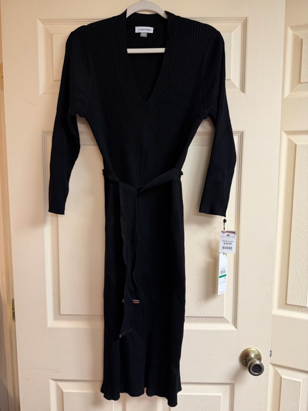 Calvin Klein Black Ribbed V-Neck Belted Knit Midi